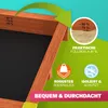 A close-up marketing image of a sandbox with text overlays and icons highlighting features. Produktbild-Vorschau