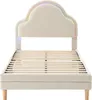 A beige upholstered bed frame with a cloud-shaped headboard featuring LED lights. Produktbild-Vorschau