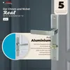 A marketing image showcasing a silver door handle set with text overlays describing its features and warranty. Produktbild-Vorschau