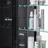 Interior view of a black cabinet with glass shelves displaying various cosmetic products and measurement indicators. Produktbild-Vorschau