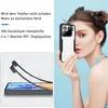 A woman is holding a phone case in front of her face, with a diagram of the case being assembled on the left. Produktbild-Vorschau