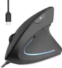 A black vertical ergonomic mouse with a USB-C cable and a blue LED light strip. Produktbild-Vorschau