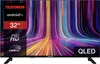 A Telefunken QLED TV displaying a colorful abstract image, with product information overlaid on the left side. Produktbild-Vorschau