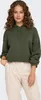A woman is posing in a studio setting, wearing a green hooded sweater and beige pants. Produktbild-Vorschau