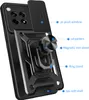 A black phone case with a ring stand and camera cover is shown with labels pointing out its features. Produktbild-Vorschau