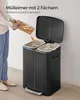 A person is shown discarding food scraps into a dual-compartment trash can. Produktbild-Vorschau
