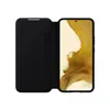 A black flip case for a smartphone is shown open, revealing the smartphone screen. Produktbild-Vorschau