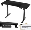 A collage showing a black adjustable standing desk from different angles, including a close-up of the control panel and a graphic indicating height adjustment range. Voir les images du produit