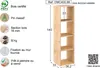 A tall, narrow wooden shelf unit with four shelves, shown with dimensions and product specifications. Voir les images du produit