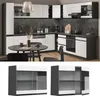 A modern kitchen setup with cabinets, a dining table, and two display cabinets shown separately. Náhled obrázku produktu