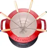 A top-down view of a red fondue set with six fondue forks. Voir les images du produit