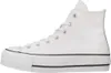A white high-top Converse sneaker with a platform sole, shown from the side. Voir les images du produit