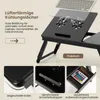 A collage of images showcasing a black wooden laptop table with various features. Podgląd zdjęcia produktu