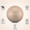 A beige exercise ball is shown with surrounding icons and text highlighting its features. Produktbild-Vorschau
