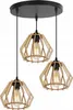 A product shot of a modern wooden pendant light fixture with three lamps. Voir les images du produit