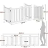 Diagrams showing the dimensions of a white wooden pet gate, with a silhouette of a person for scale. Podgląd zdjęcia produktu