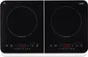 A top-down view of a black dual induction cooktop with white accents. Produktbild-Vorschau