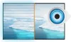 A split image showing a monitor screen. The left side displays a distorted image of icebergs and water, with horizontal lines obscuring the view. The right side shows a clear, vibrant image of the same scene, with a stylized eye graphic superimposed over i Produktbild-Vorschau