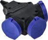 A black electrical splitter with three blue capped outlets, set against a gray background. Produktbild-Vorschau