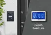 A video intercom system installed on a wall next to a door, with a tablet displaying the system's interface. Produktbild-Vorschau