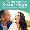A couple smiling at each other outdoors, with text overlay. Produktbild-Vorschau