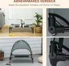 Collage of images showing a dog bed with and without a canopy, and close-ups of its construction. Produktbild-Vorschau