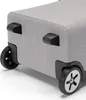 A close-up view of the bottom corner of a grey rolling suitcase. Produktbild-Vorschau