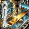 A silver immersion blender is shown next to a golden blade being cut by a precision machine in a futuristic industrial setting. Produktbild-Vorschau