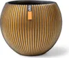A gold spherical planter with vertical ribbed texture and a black rim, shown against a white background. A small orange tag with black text is attached to the front. Náhled obrázku produktu