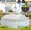 A white tent is shown in a garden setting, with close-up insets highlighting its assembly features. Produktbild-Vorschau