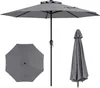 A gray patio umbrella is shown in three different views: open, top-down, and closed. Anteprima dell’immagine prodotto