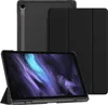 A black tablet case with a tablet inside, displayed on a black background. Produktbild-Vorschau