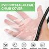 A hand is shown wearing a clear PVC chair cover, demonstrating its transparency. Below are icons representing product features. Produktbild-Vorschau
