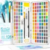 An open watercolor paint set with many colors, brushes, and pencils inside a silver case, with some text and branding on the left side. Produktbild-Vorschau