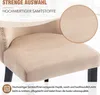 Close-up of a beige upholstered chair with text overlays highlighting material quality. Produktbild-Vorschau