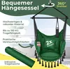 A green hanging chair with pillows and a water bottle holder, displayed outdoors with a balcony in the background. Produktbild-Vorschau