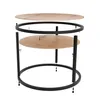 A disassembled round table frame with two wooden circular shelves, shown against a white background. Voir les images du produit