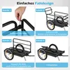 A four-panel instructional image showing the steps to assemble a foldable bicycle trailer. Produktbild-Vorschau