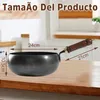 A cooking pan with dimensions indicated by text overlays, placed on a wooden surface in a kitchen-like setting. Produktbild-Vorschau