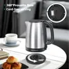 A stainless steel electric kettle is shown on a white table with a cup of coffee and croissants nearby. The kettle's base is also displayed separately, highlighting its 360-degree rotation. Produktbild-Vorschau