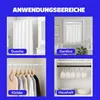 A collage of four images showing different applications of a tension rod: in a shower, as a curtain rod, for hanging clothes, and for hanging mugs. Produktbild-Vorschau