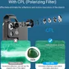 Diagram showing a phone lens attachment and comparison of images with and without a CPL filter. Produktbild-Vorschau
