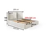 A diagram of a bed with dimensions indicated by arrows and text. Produktbild-Vorschau