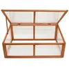 A wooden cold frame with a clear, hinged lid, shown from the front. Produktbild-Vorschau