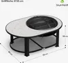 A product shot of an outdoor fire pit with grill and table features, with dimensions indicated. Produktbild-Vorschau