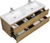 A double vanity bathroom cabinet with sinks and open drawers, displaying towels and toiletries. Voir les images du produit