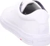 A white leather sneaker is shown from a side-rear angle. Voir les images du produit