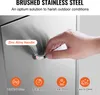 A hand is shown opening a brushed stainless steel drawer, highlighting its features with icons and text. Produktbild-Vorschau