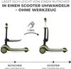 Two stages of a children's ride-on toy transforming from a walker to a scooter. Produktbild-Vorschau