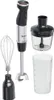 A set of kitchen appliances including a hand blender, a whisk attachment, a chopper attachment, and a measuring cup, displayed against a white background. Produktbild-Vorschau